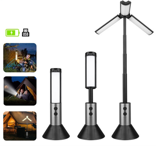2 in 1 LED Camping Light High Bright Flashlight USB Rechargeable Zoom with Hook Outdoor Emergency Camping Lamp Stand Base